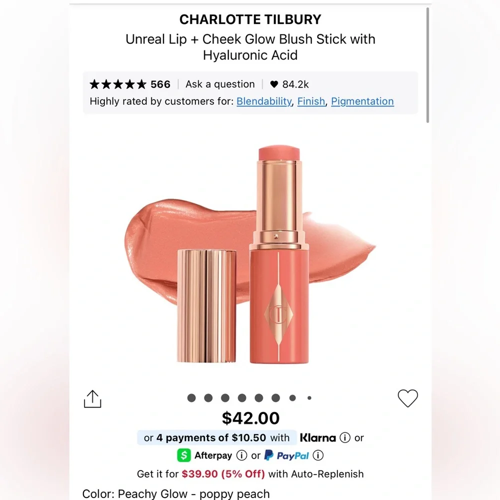 Charlotte Tilbury Unreal Lip & Cheek Glow Blush Stick in Peachy Glow